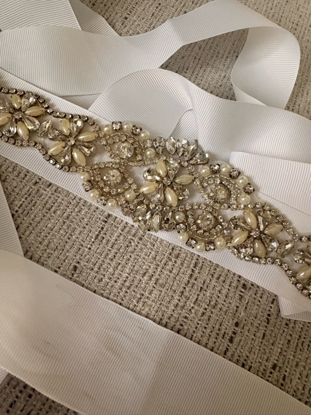 Embellished Bridal Sash Belt in White with Pearl & Crystal Applique
